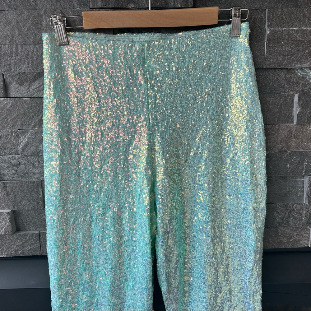 Blackmilk Iridescent Aqua Sequin Flare Pants - Picture 2 of 8